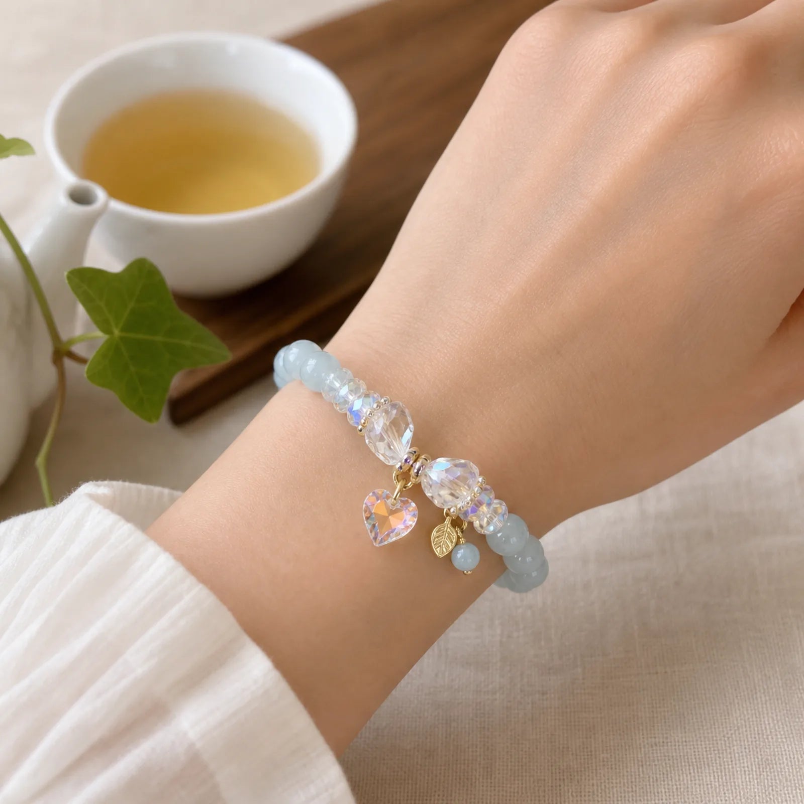 Aquamarine Green Crystal Love Heart Charm Healing Bracelet featuring Aquamarine, Green Crystal, Clear Quartz / White Crystal