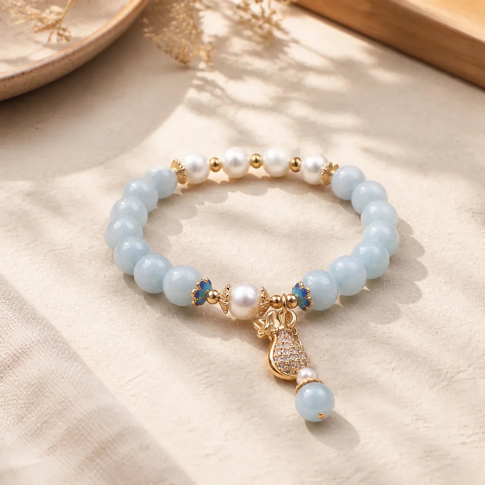 Aquamarine Pearl Fortune Money Bag Charm Bracelet featuring Aquamarine, Pearl