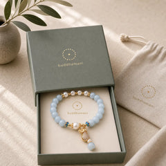Aquamarine Pearl Fortune Money Bag Charm Bracelet featuring Aquamarine, Pearl