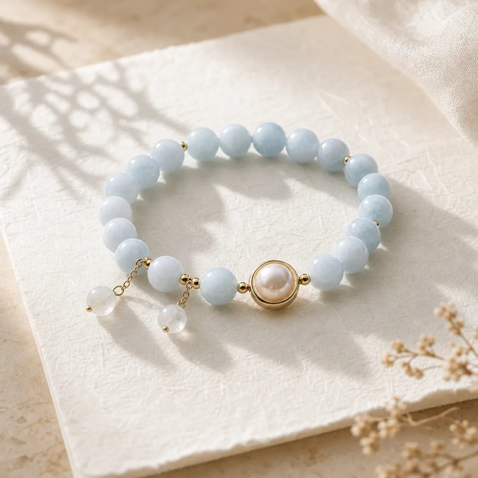 Aquamarine Pearl Healing Moonstone Beads Charm Bracelet featuring Aquamarine, Pearl, Moonstone