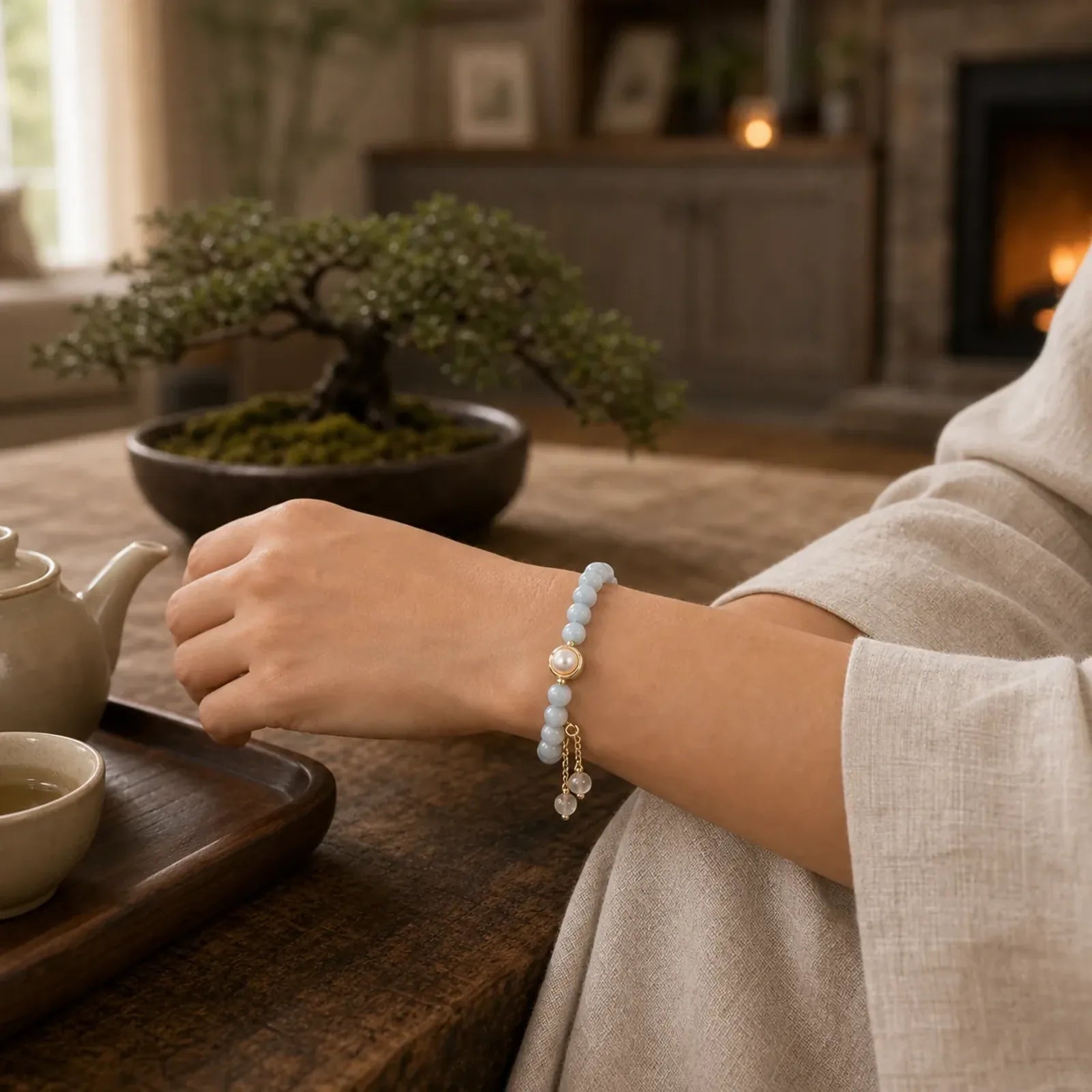 Aquamarine Pearl Healing Moonstone Beads Charm Bracelet featuring Aquamarine, Pearl, Moonstone