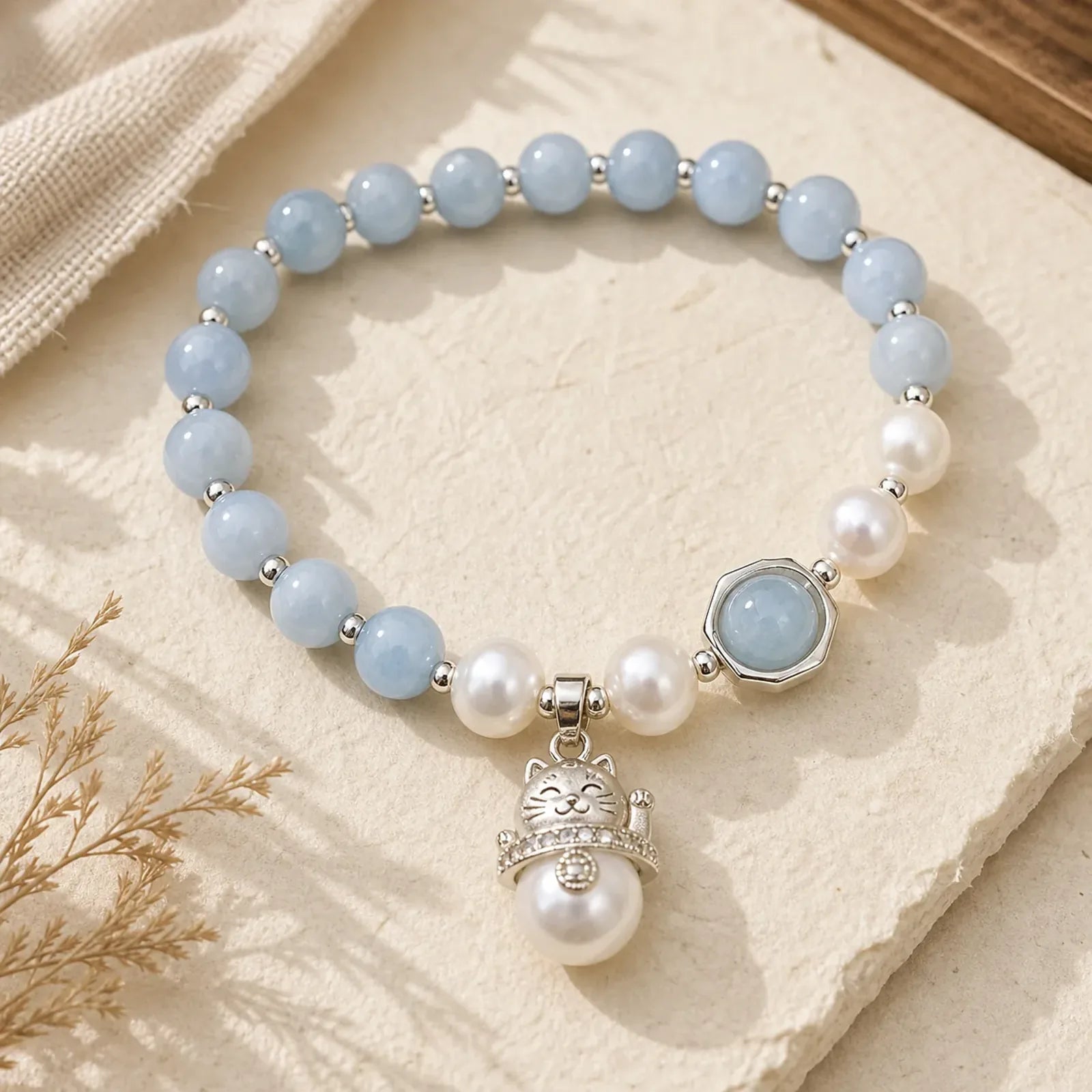Aquamarine Pearl Peace Healing Lucky Cat Charm Bracelet featuring Aquamarine, Pearl