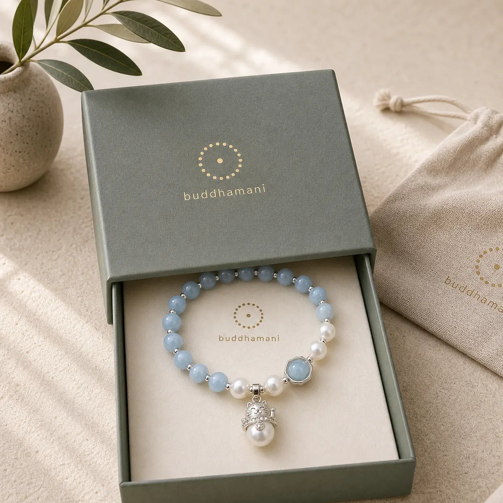 Aquamarine Pearl Peace Healing Lucky Cat Charm Bracelet featuring Aquamarine, Pearl