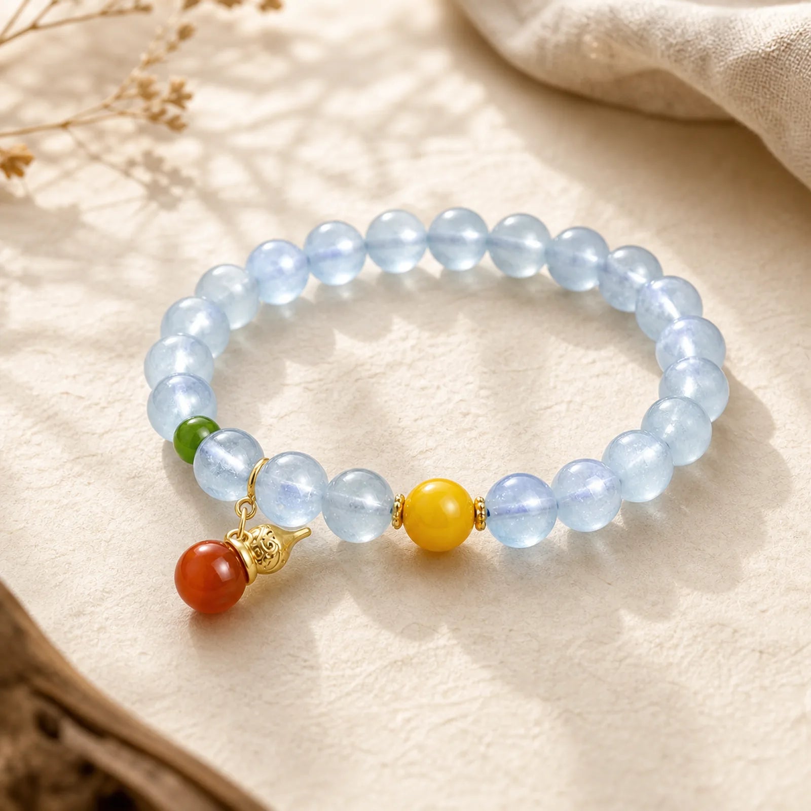 Aquamarine Red Agate Peace Gourd Charm Bracelet featuring Aquamarine, Red Agate, Amber