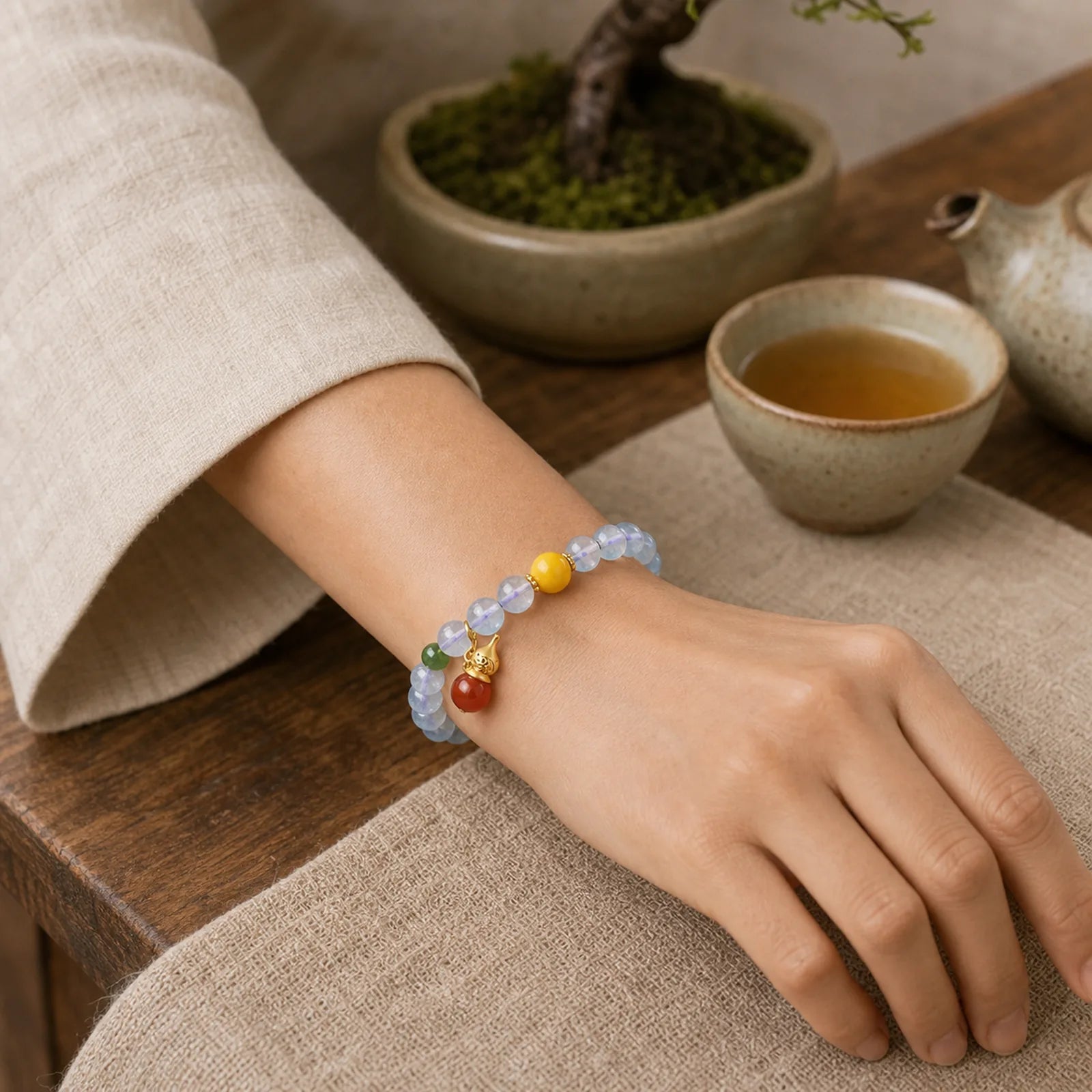 Aquamarine Red Agate Peace Gourd Charm Bracelet featuring Aquamarine, Red Agate, Amber
