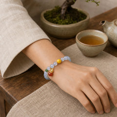 Aquamarine Red Agate Peace Gourd Charm Bracelet featuring Aquamarine, Red Agate, Amber