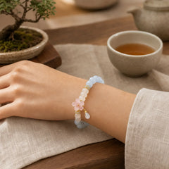 Aquamarine White Agate Pearl Abacus Beads Flower Healing Bracelet featuring Aquamarine, White Agate, Pearl