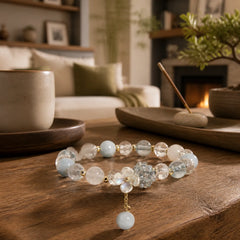 Aquamarine Yellow Cat's Eye Stone Flower Peace Bracelet featuring Aquamarine, Yellow Cat's Eye, Cat's Eye / Chrysoberyl