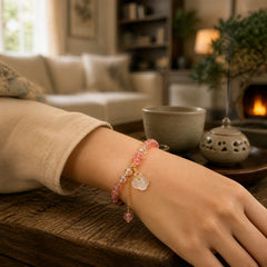 Auspicious Clouds Strawberry Quartz White Agate White Crystal Positive Bracelet featuring Strawberry Quartz, White Agate, Clear Quartz / White Crystal