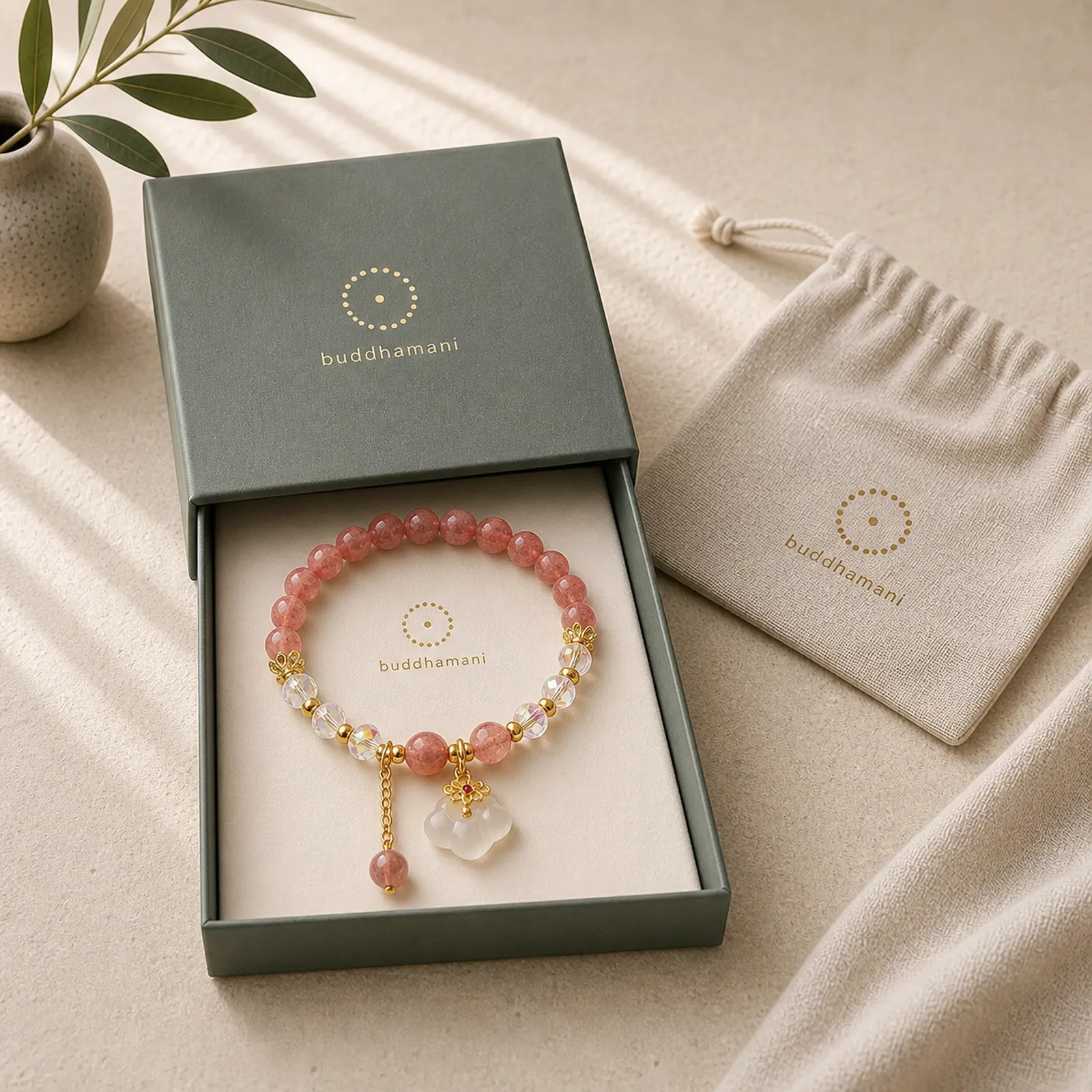 Auspicious Clouds Strawberry Quartz White Agate White Crystal Positive Bracelet featuring Strawberry Quartz, White Agate, Clear Quartz / White Crystal