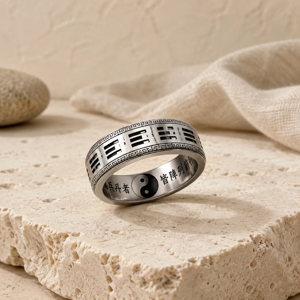 Bagua Yin Yang Taoist Nine-Character Mantra Titanium Steel Harmony Ring featuring Bagua, Titanium Steel, Yin Yang Symbol