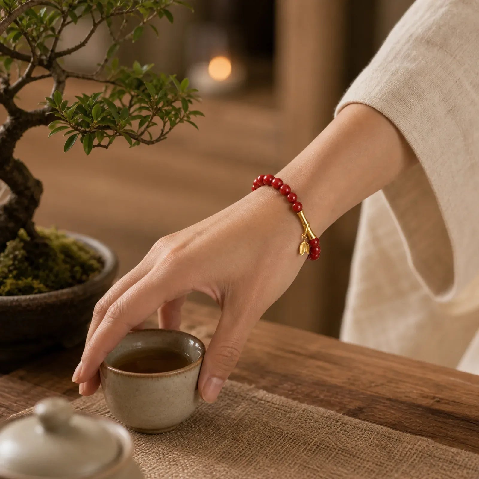 Bamboo Cinnabar 925 Sterling Silver Concentration Bracelet featuring Bamboo, Cinnabar, Silver