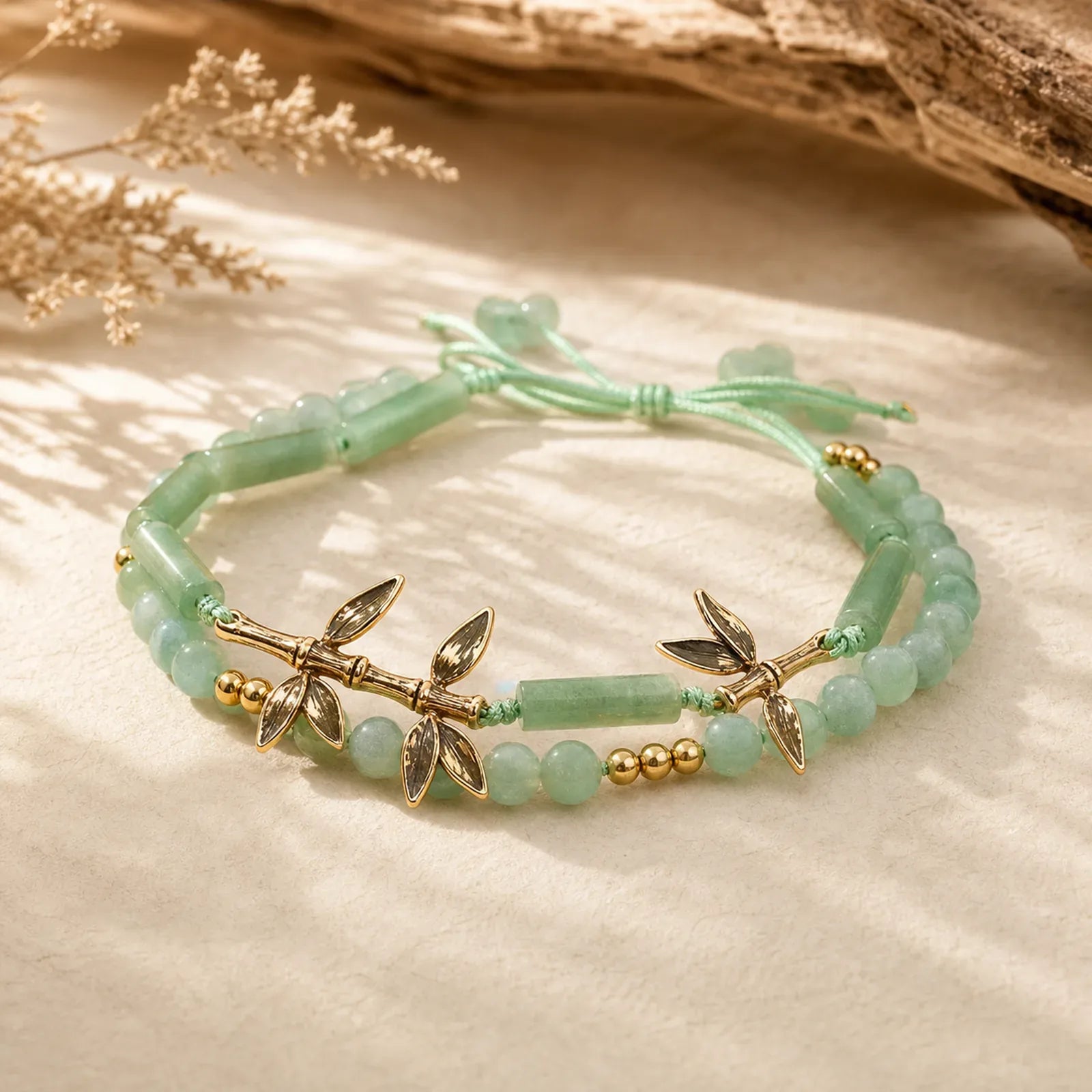 Bamboo Design Double Layer Green Aventurine Strength Balance Bracelet featuring Bamboo, Green Aventurine, Copper