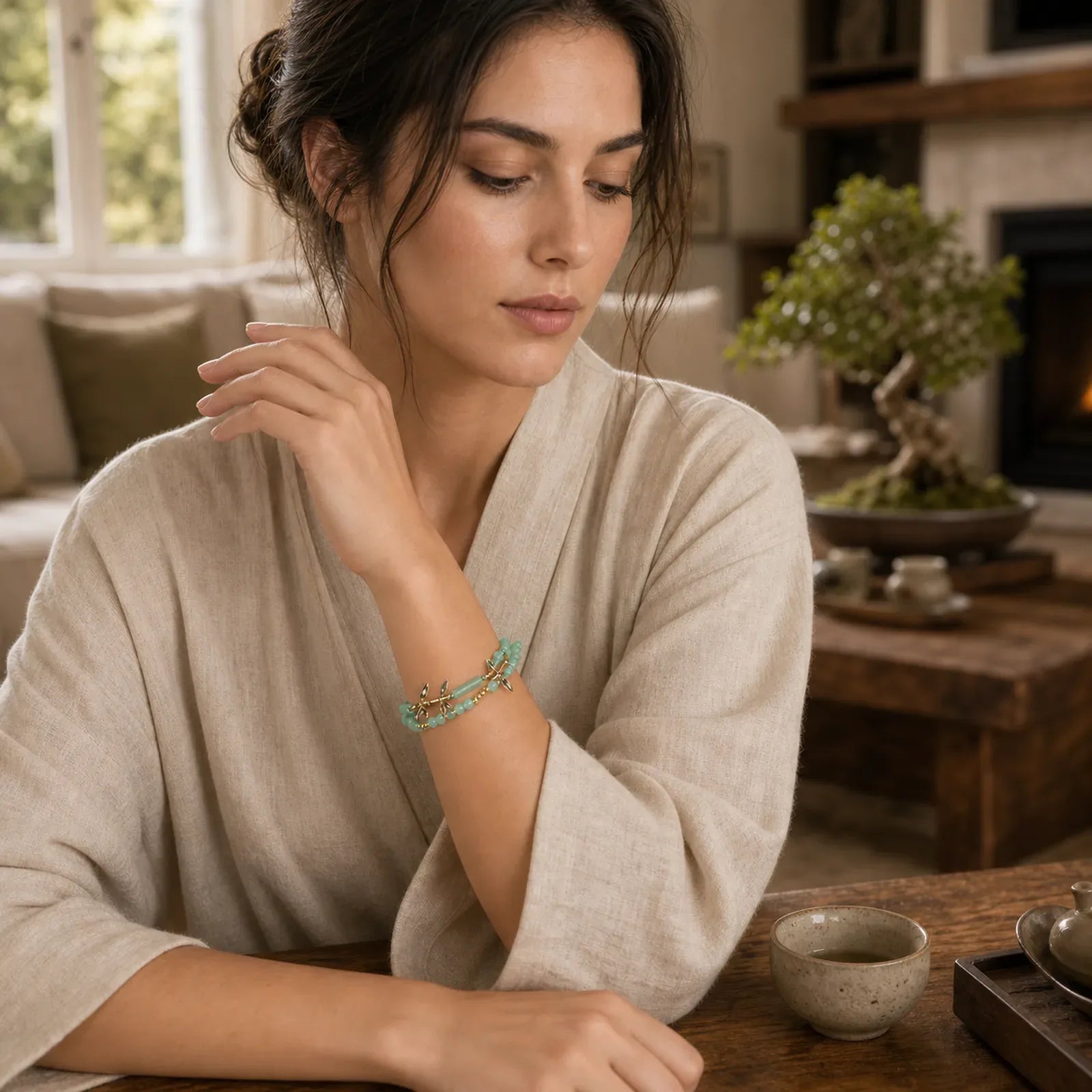 Bamboo Design Double Layer Green Aventurine Strength Balance Bracelet featuring Bamboo, Green Aventurine, Copper