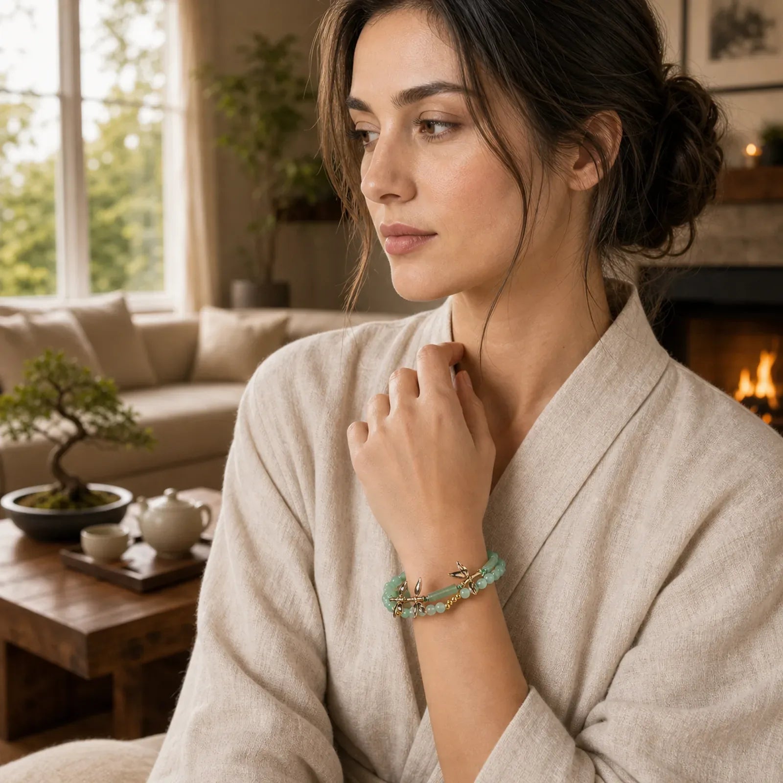 Bamboo Design Double Layer Green Aventurine Strength Balance Bracelet featuring Bamboo, Green Aventurine, Copper