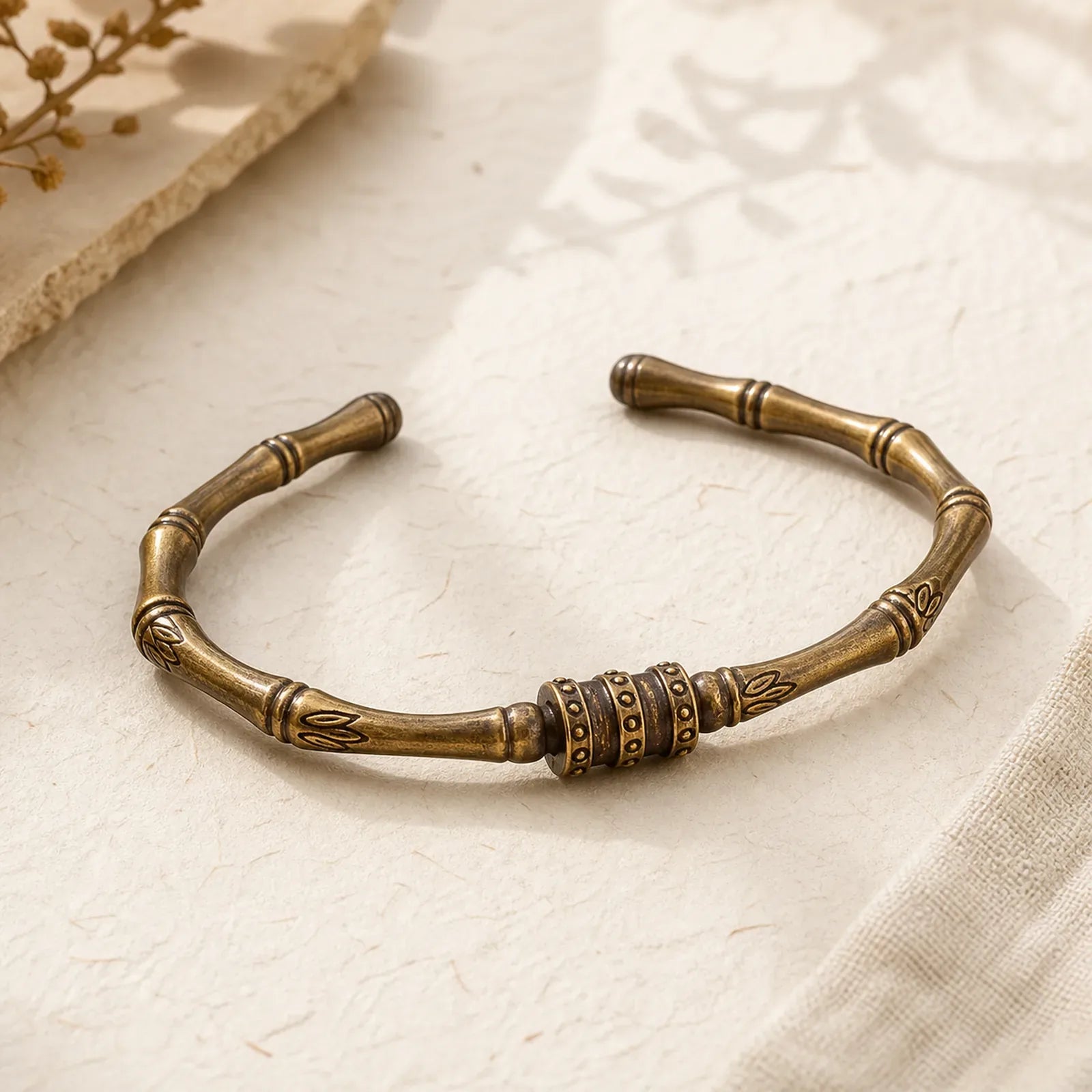 Bamboo Lotus Flower Copper Brass Peace Bracelet Bangle featuring Bamboo, Lotus, Copper