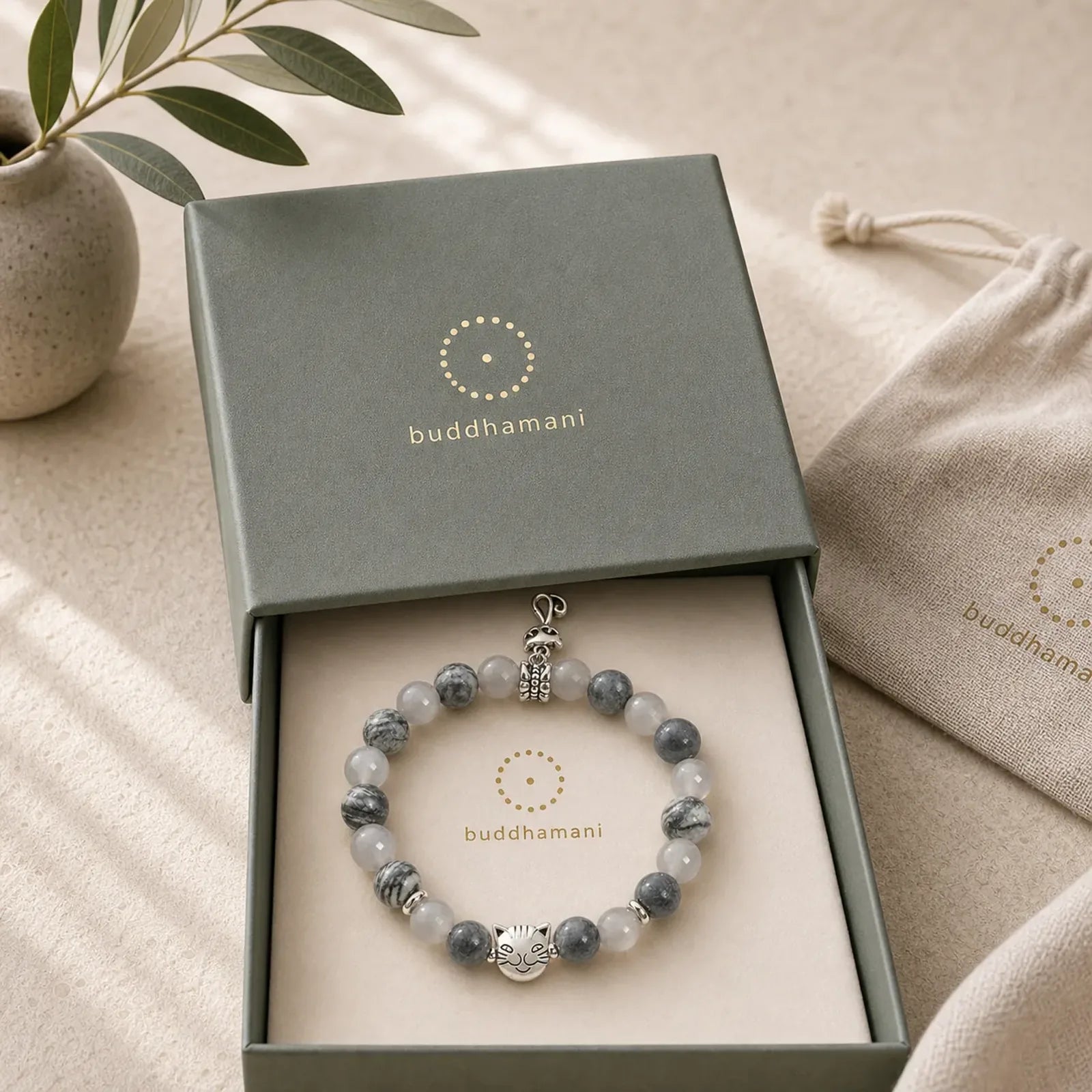 Birman Cat Natural Grey Jasper Agate Bead Healing Bracelet featuring Grey Jasper
