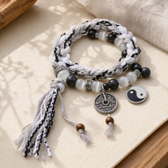 Black Glitter Stone Cat's Eye Yin Yang Mountain Ghosts Spend Money Power Double Layer Rope Bracelet featuring Black Glitter Stone, Cat's Eye / Chrysoberyl, Yin Yang Symbol