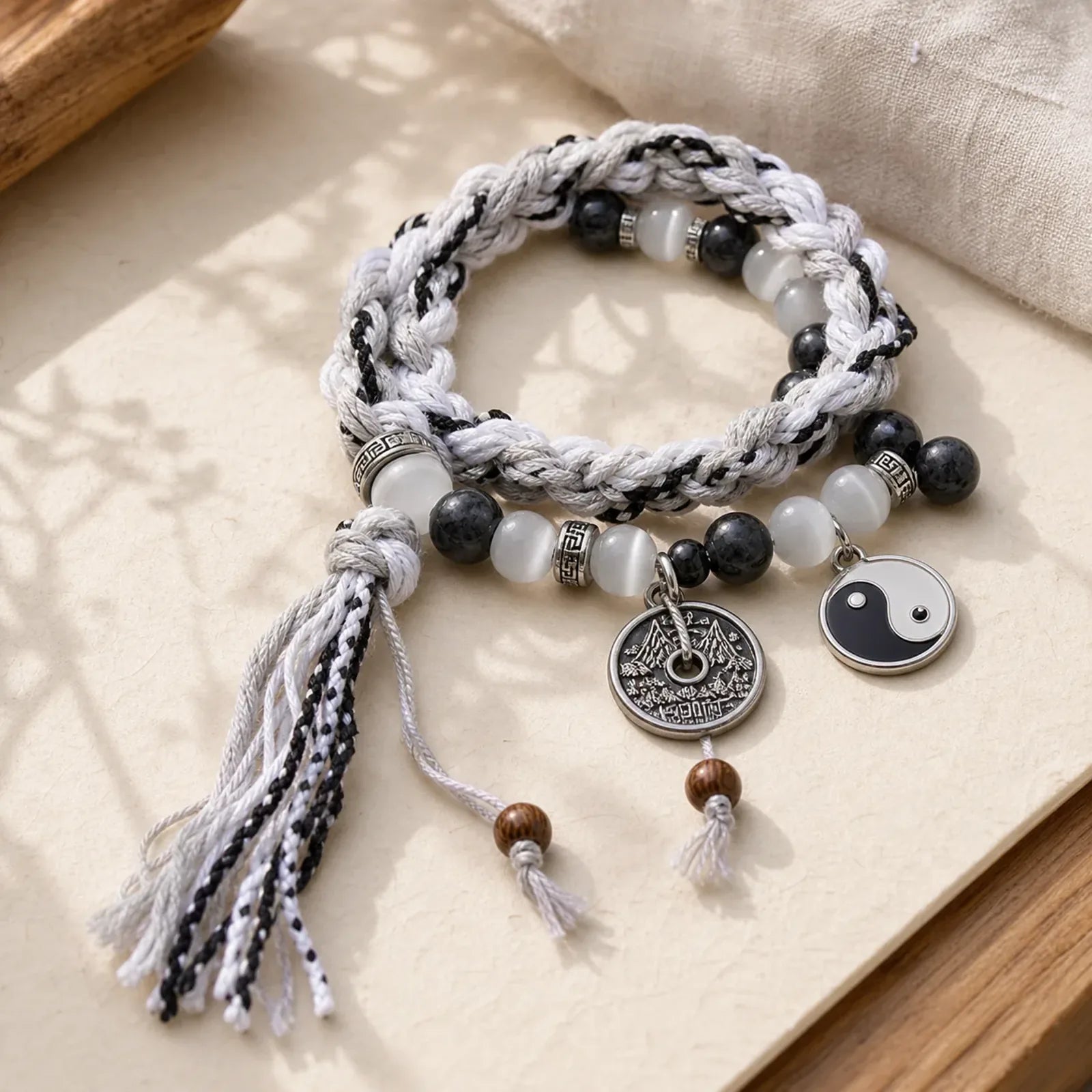 Black Glitter Stone Cat's Eye Yin Yang Mountain Ghosts Spend Money Power Double Layer Rope Bracelet featuring Black Glitter Stone, Cat's Eye / Chrysoberyl, Yin Yang Symbol