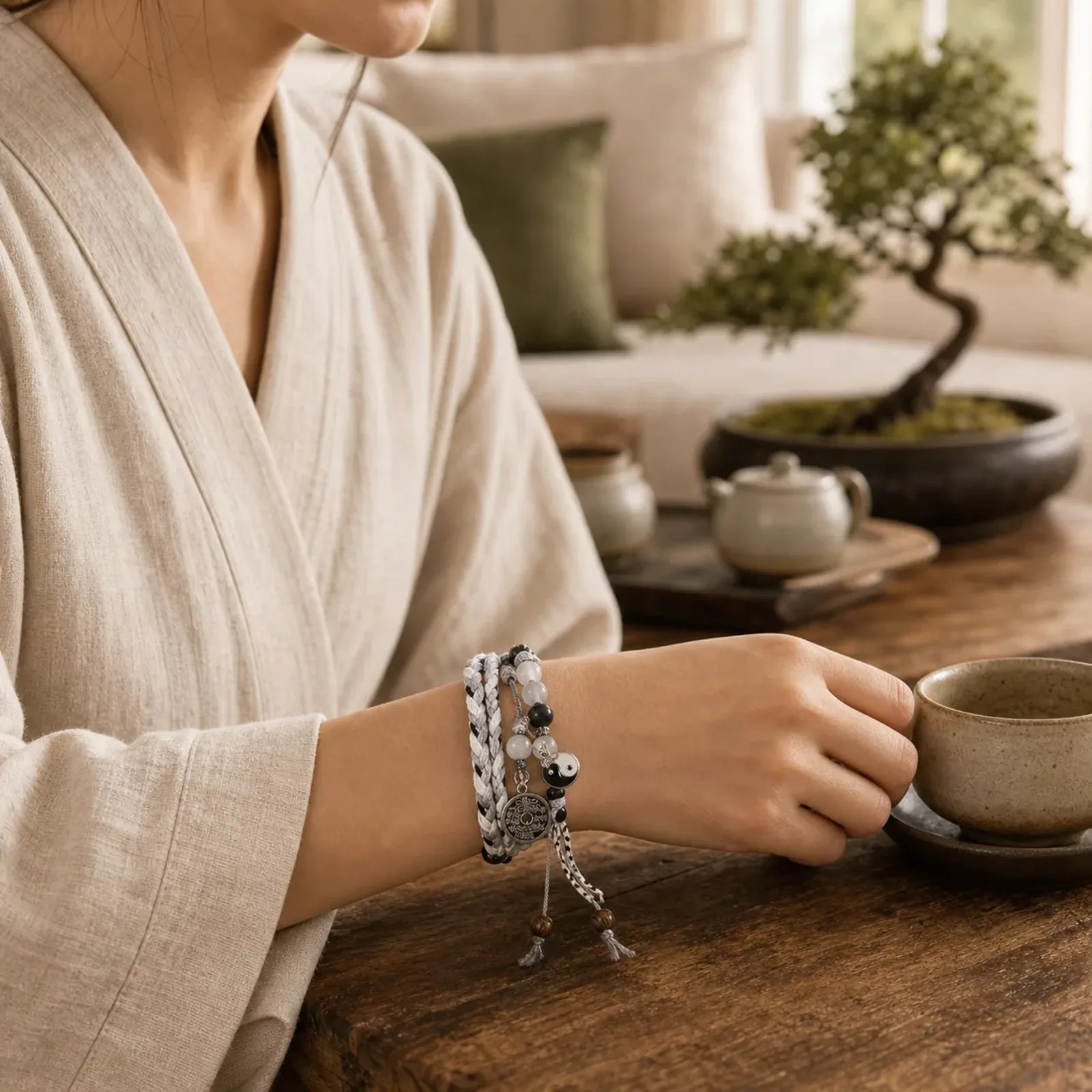 Black Glitter Stone Cat's Eye Yin Yang Mountain Ghosts Spend Money Power Double Layer Rope Bracelet featuring Black Glitter Stone, Cat's Eye / Chrysoberyl, Yin Yang Symbol