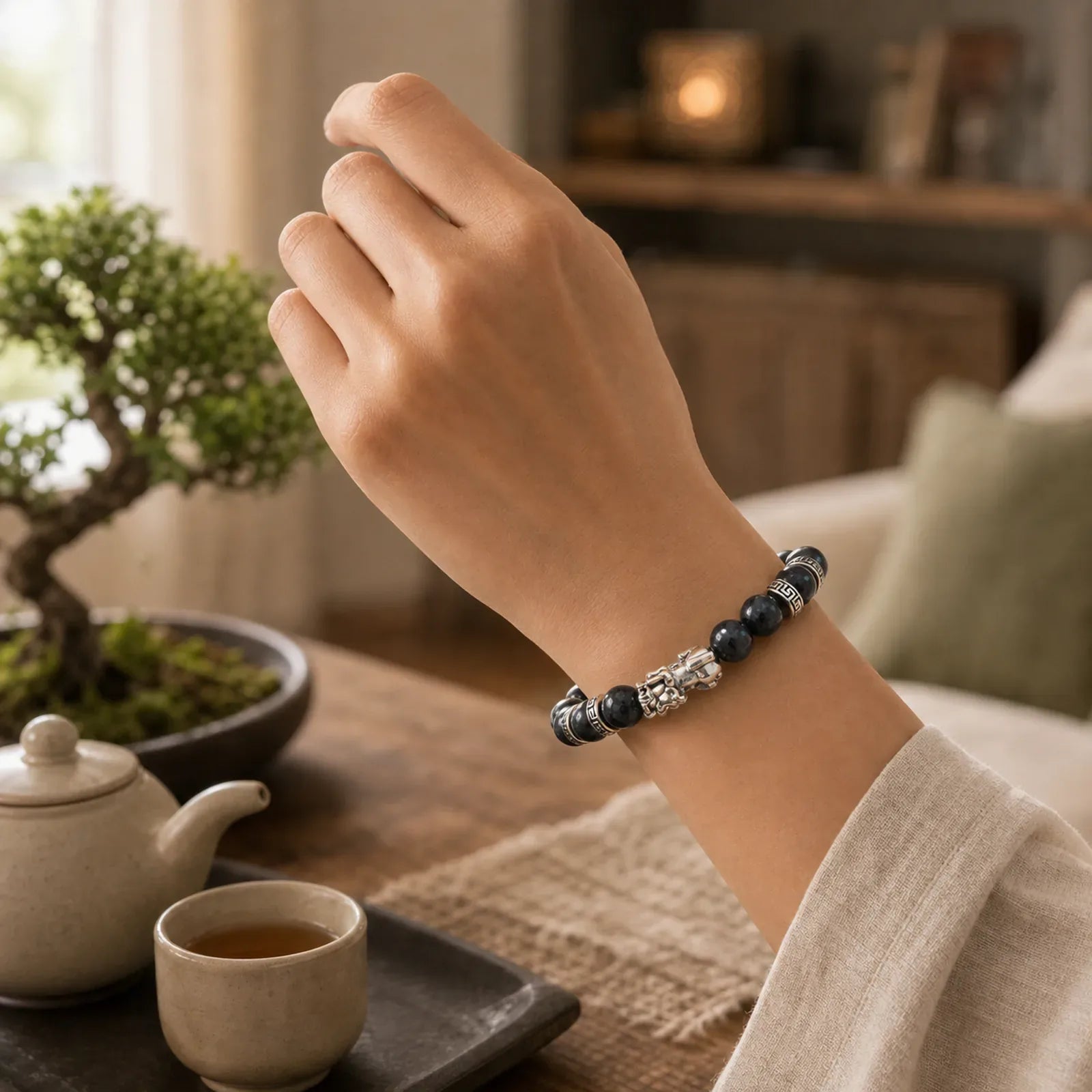 Black Glitter Stone PiXiu Power Bracelet featuring Black Glitter Stone, Pixiu, Copper