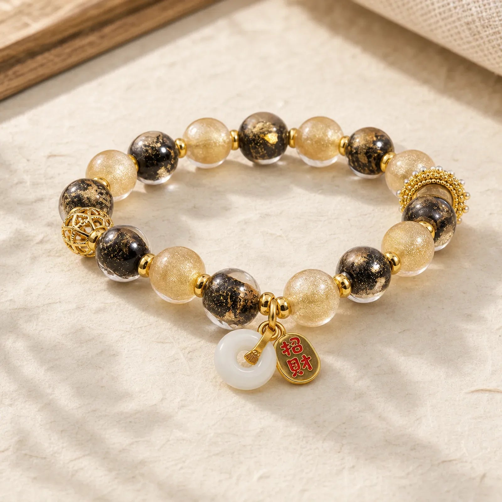 Black Gold Liuli Glass Bead Attracts Wealth Peace Buckle Blessing Bracelet featuring Peace Buckle, Five Elements, Copper