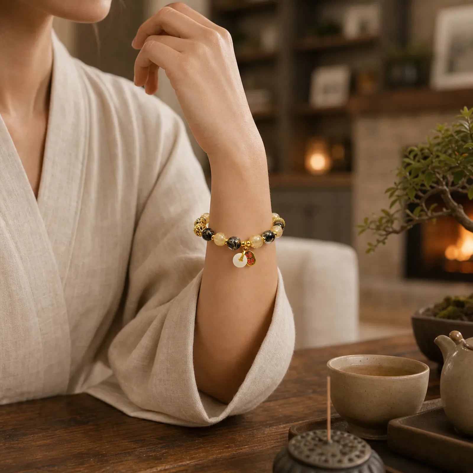 Black Gold Liuli Glass Bead Attracts Wealth Peace Buckle Blessing Bracelet featuring Peace Buckle, Five Elements, Copper