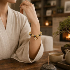 Black Gold Liuli Glass Bead Attracts Wealth Peace Buckle Blessing Bracelet featuring Peace Buckle, Five Elements, Copper