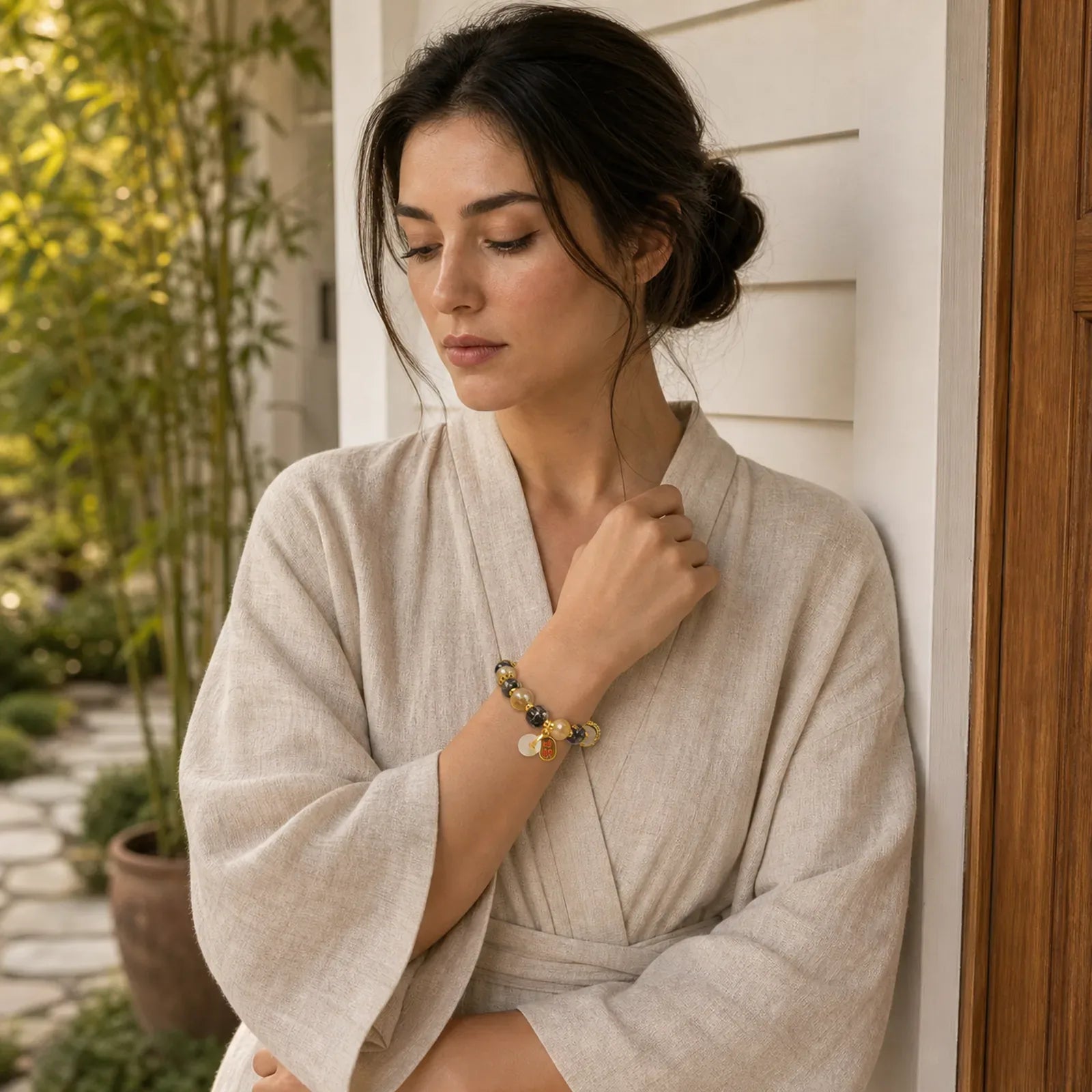 Black Gold Liuli Glass Bead Attracts Wealth Peace Buckle Blessing Bracelet featuring Peace Buckle, Five Elements, Copper
