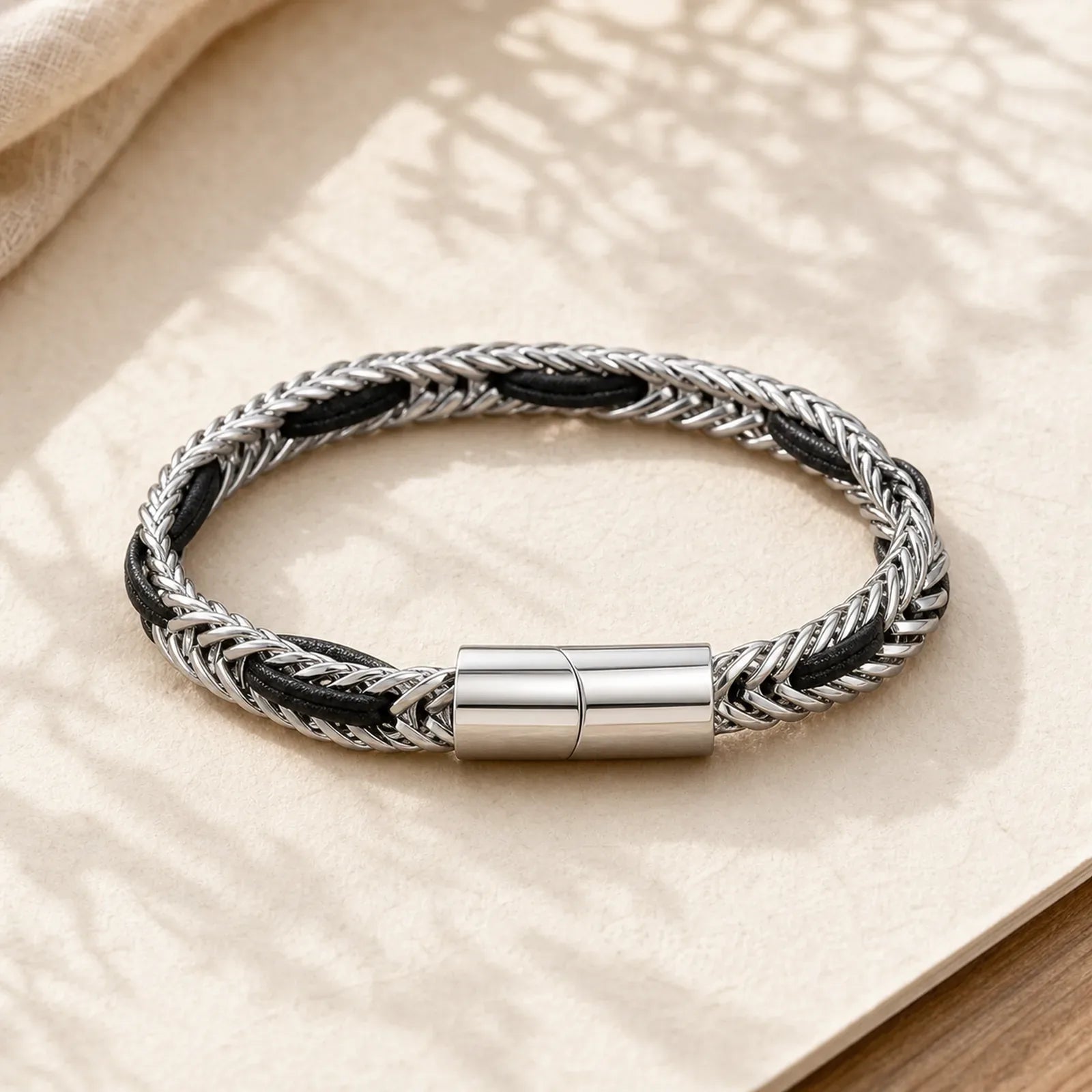 Black Leather Braided Titanium Steel Double Layer Durability Bracelet featuring Titanium Steel