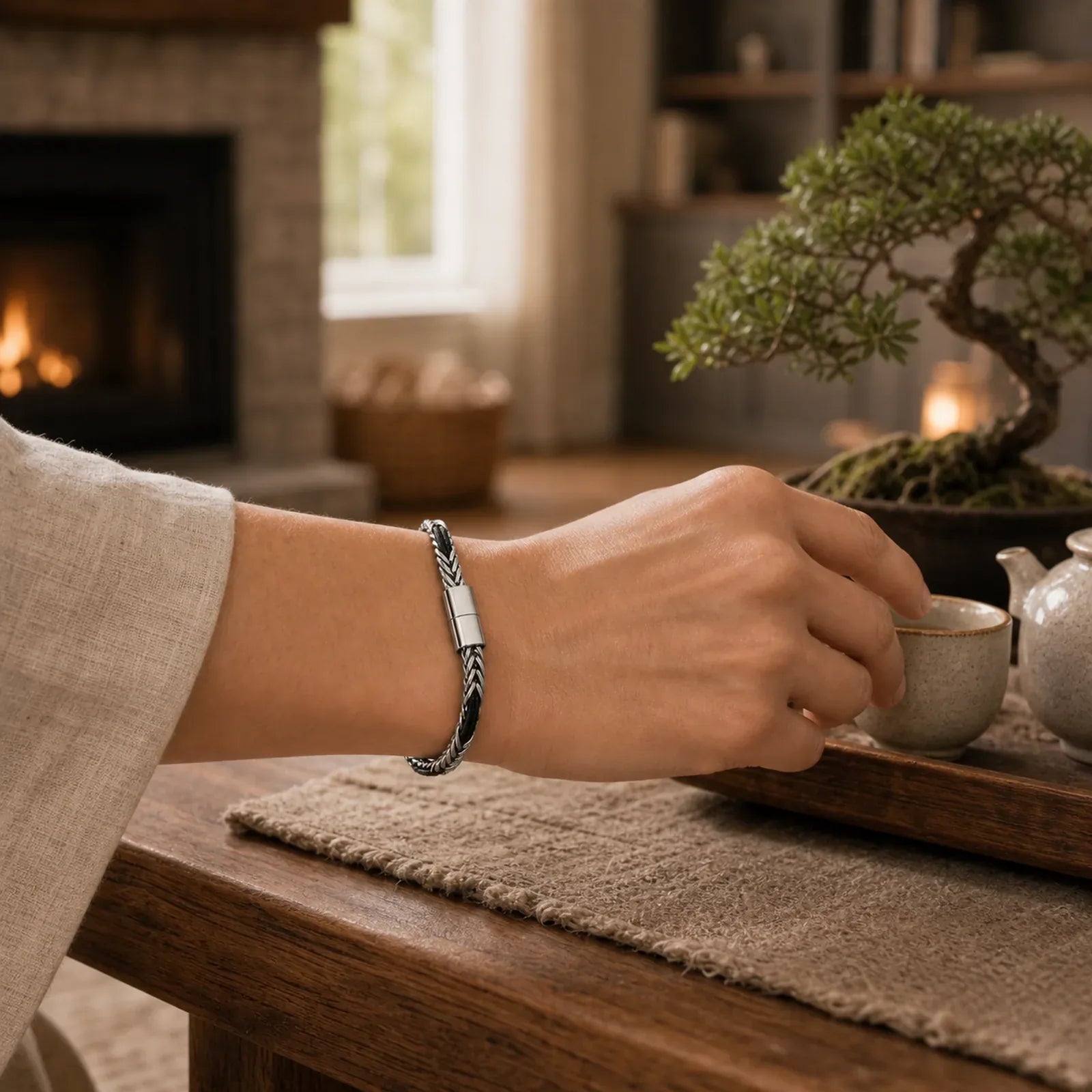 Black Leather Braided Titanium Steel Double Layer Durability Bracelet featuring Titanium Steel