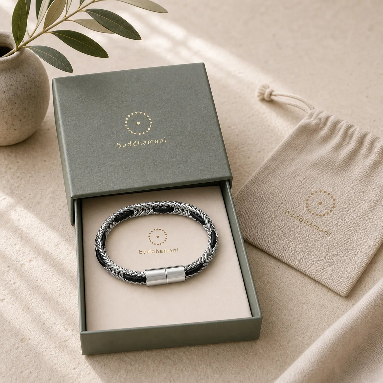 Black Leather Braided Titanium Steel Double Layer Durability Bracelet featuring Titanium Steel