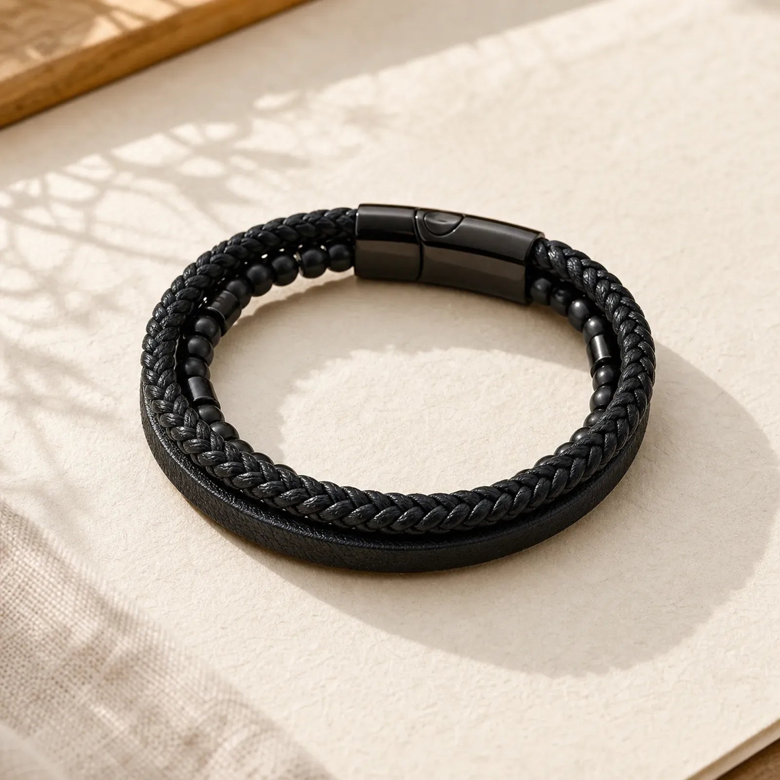 Black Leather Strength Braided Double Layer Bracelet featuring Titanium Steel