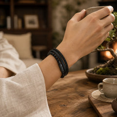 Black Leather Strength Braided Double Layer Bracelet featuring Titanium Steel