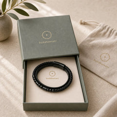 Black Leather Strength Braided Double Layer Bracelet featuring Titanium Steel