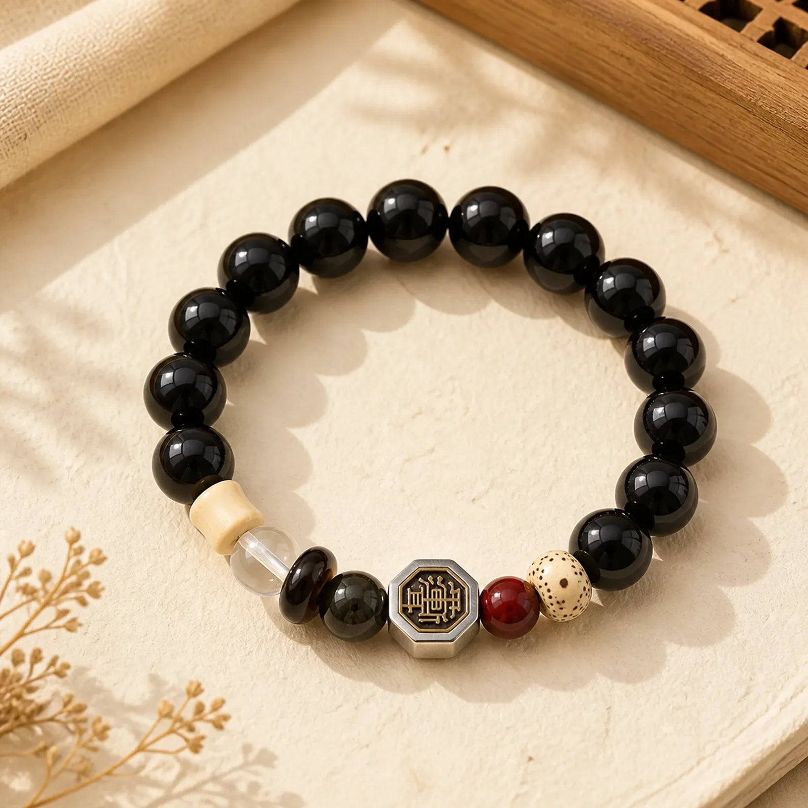 Black Obsidian Bagua Protection Tibetan Round Bead Bracelet featuring Black Obsidian, Bagua, Ice Obsidian