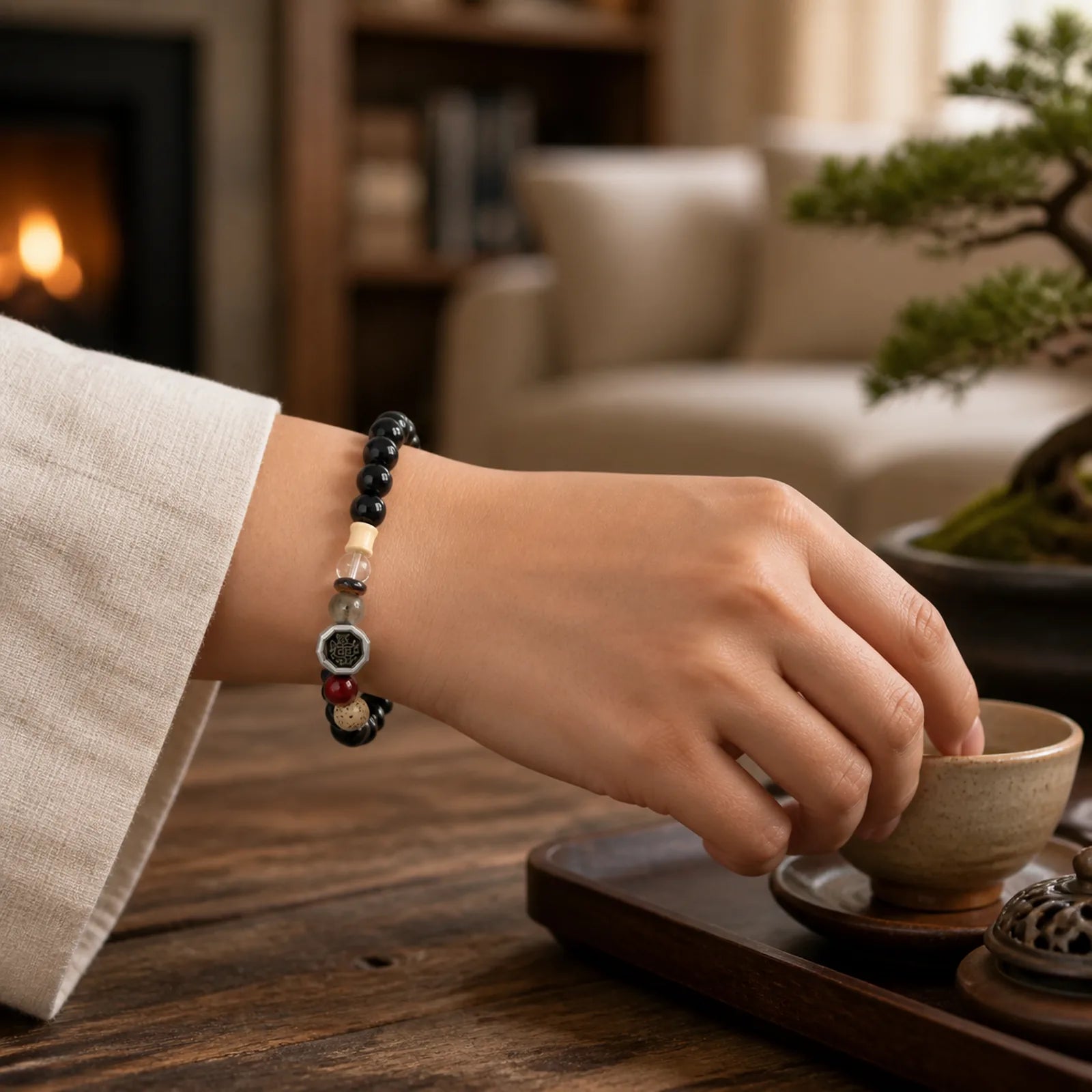 Black Obsidian Bagua Protection Tibetan Round Bead Bracelet featuring Black Obsidian, Bagua, Ice Obsidian