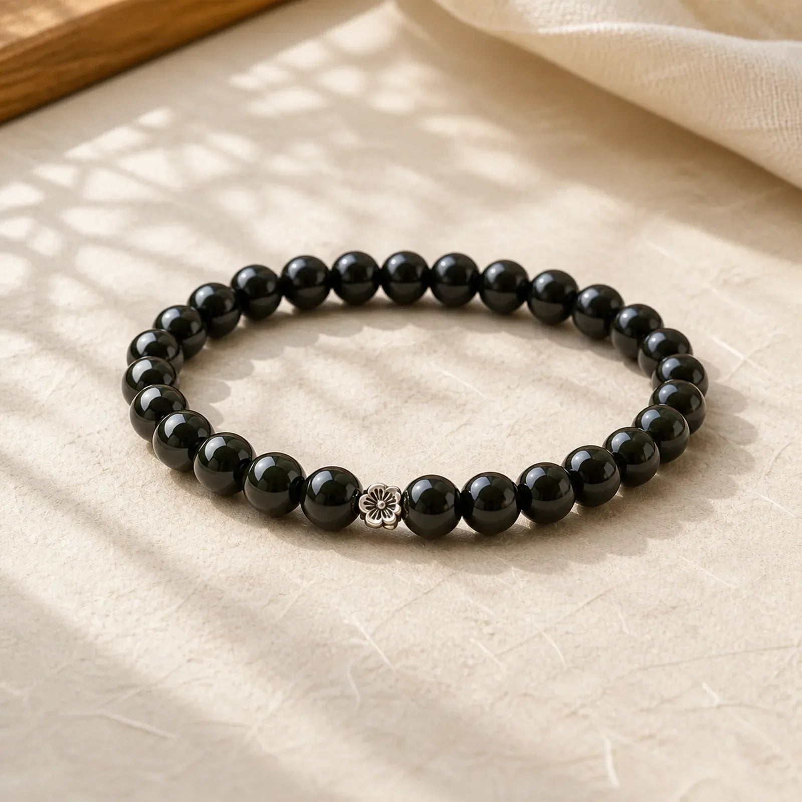 Black Obsidian Bead 925 Sterling Silver Flower Design Purification Bracelet featuring Black Obsidian, Silver