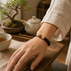 Black Obsidian Beads Sectional Tiger Eye Stone Purification Bracelet featuring Black Obsidian, Tiger Eye