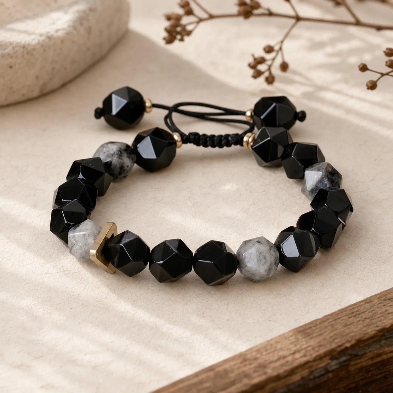 Black Obsidian Black Glitter Stone Purification Bracelet featuring Black Obsidian, Black Glitter Stone, Copper
