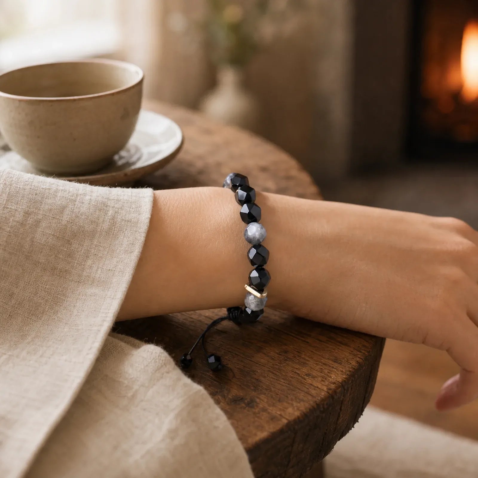 Black Obsidian Black Glitter Stone Purification Bracelet featuring Black Obsidian, Black Glitter Stone, Copper