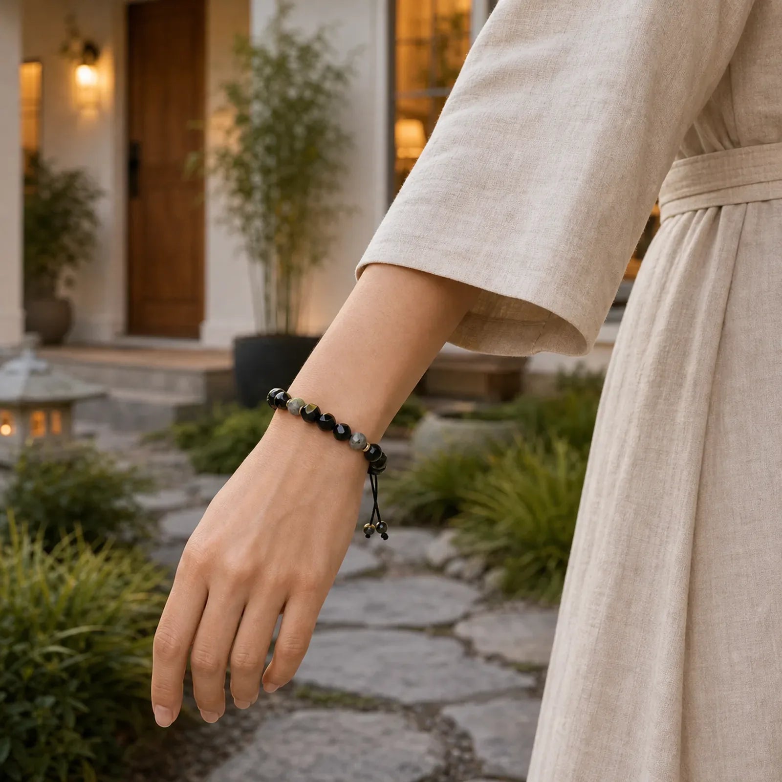 Black Obsidian Black Glitter Stone Purification Bracelet featuring Black Obsidian, Black Glitter Stone, Copper