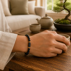 Black Obsidian Black Tourmaline Protection Minimalist Round Bead Bracelet featuring Black Obsidian, Tourmaline, Black Tourmaline (Schorl)