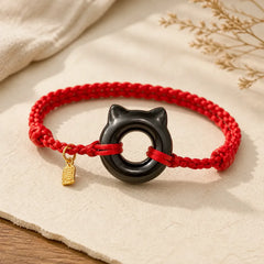 Black Obsidian Cat Design Peace Buckle Fu Character Red String Protection Braided Bracelet featuring Black Obsidian, Peace Buckle, Fu Character