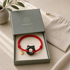 Black Obsidian Cat Design Peace Buckle Fu Character Red String Protection Braided Bracelet featuring Black Obsidian, Peace Buckle, Fu Character
