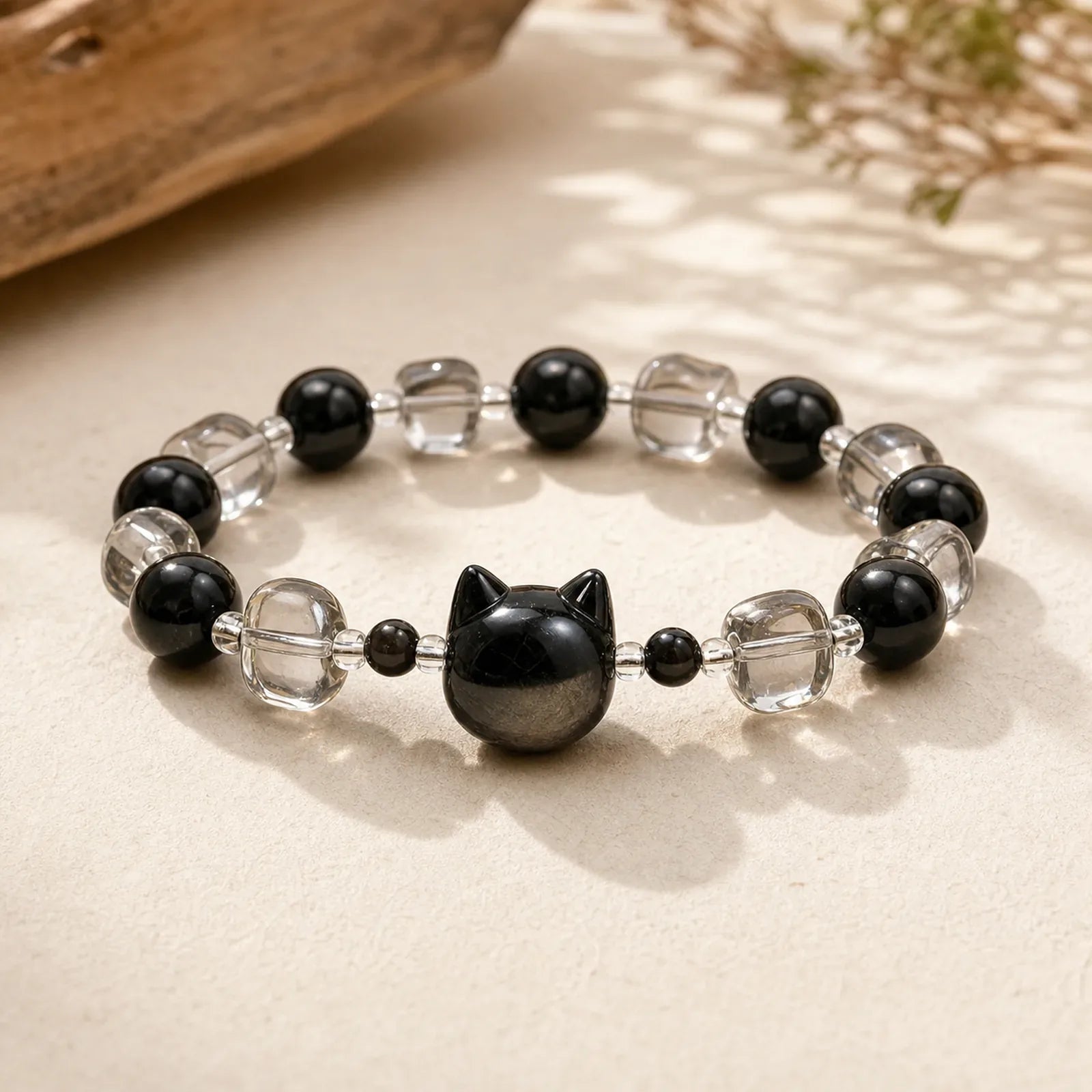 Black Obsidian Cat Head Purification Strength Bracelet featuring Black Obsidian