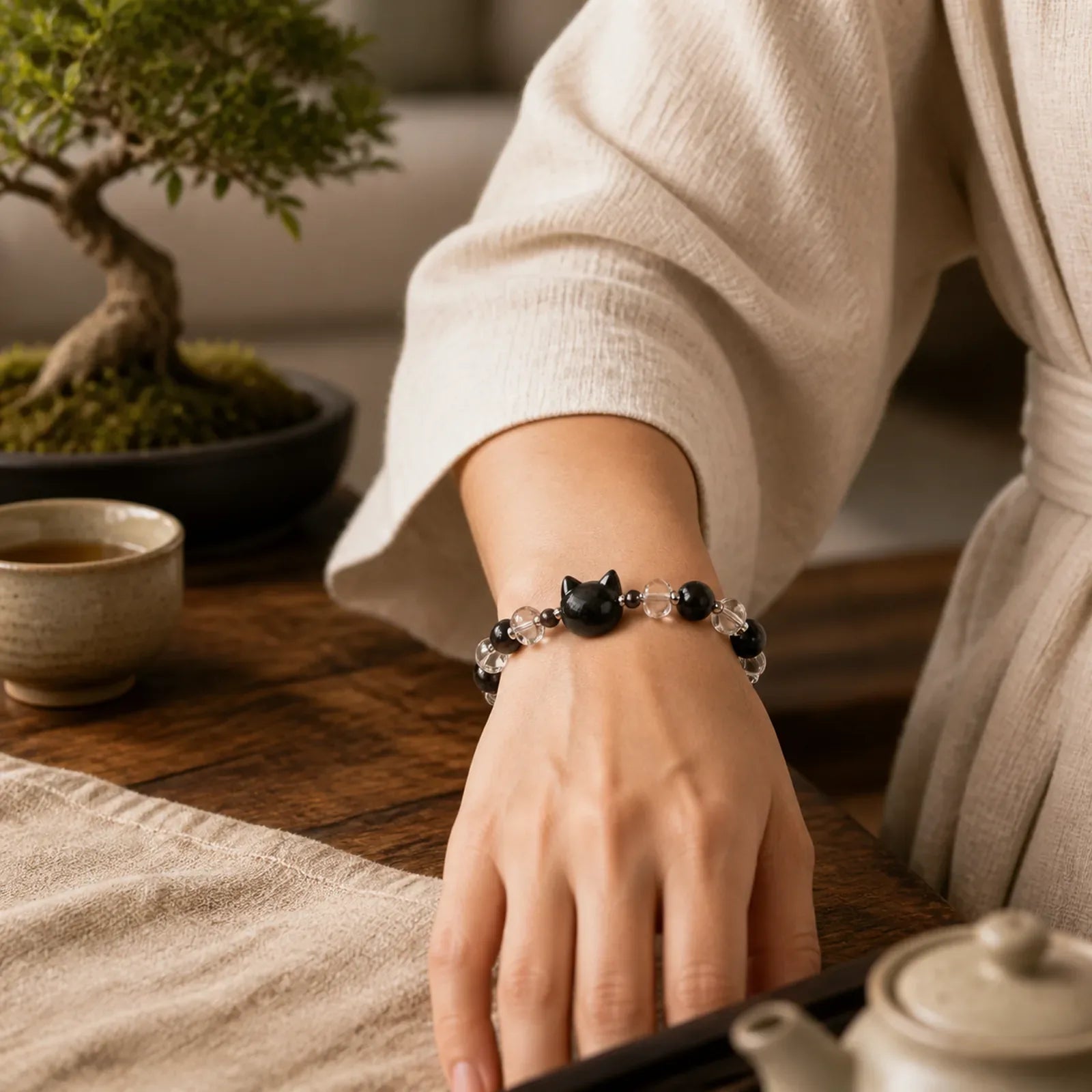 Black Obsidian Cat Head Purification Strength Bracelet featuring Black Obsidian