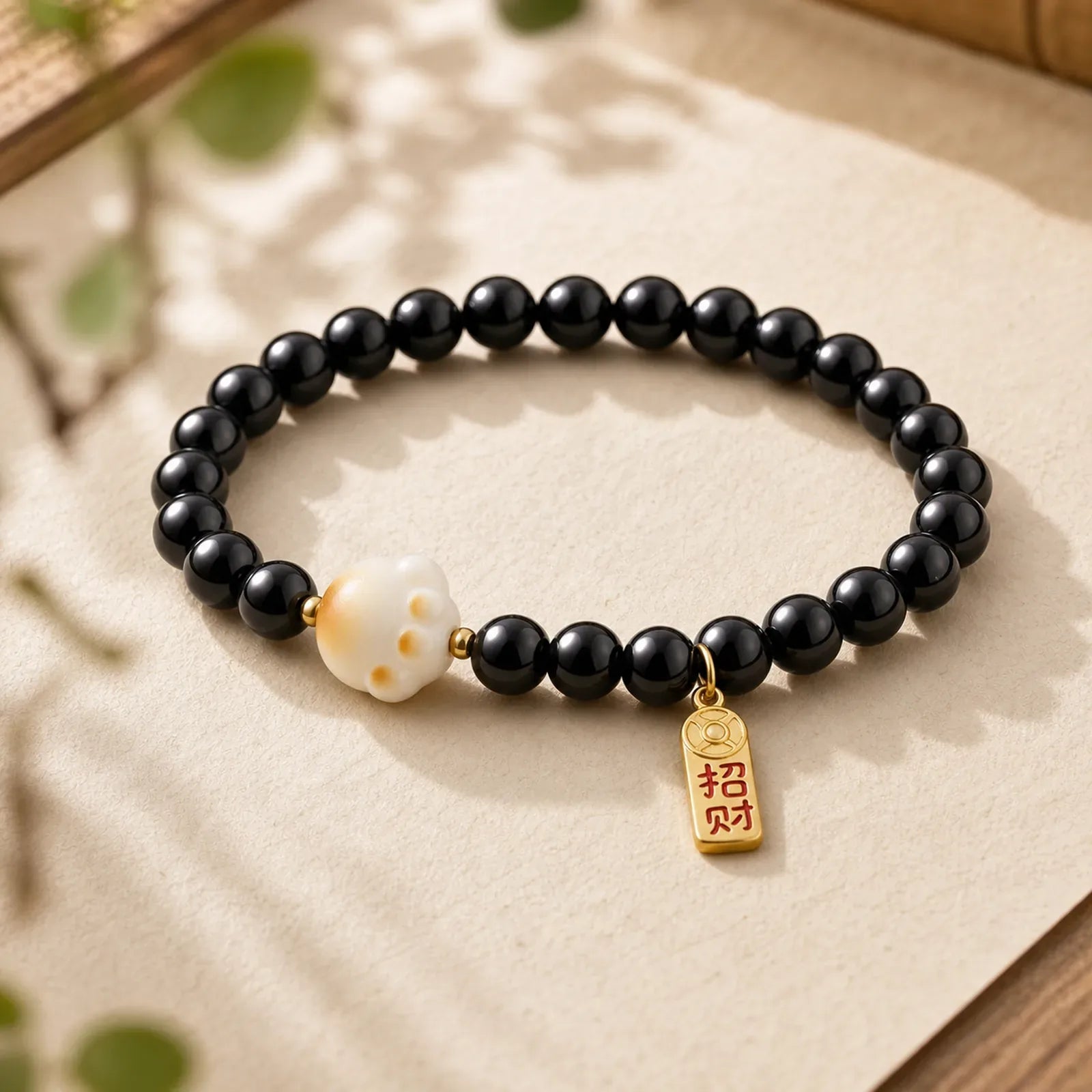 Black Obsidian Cat Paw Bodhi Seed Lucky Fortune Charm Purification Bracelet featuring Black Obsidian, Bodhi Seed, Copper