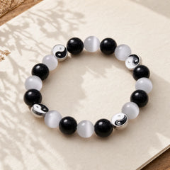 Black Obsidian Cat's Eye Yin Yang Purification Strength Bracelet featuring Black Obsidian, Cat's Eye / Chrysoberyl, Yin Yang Symbol