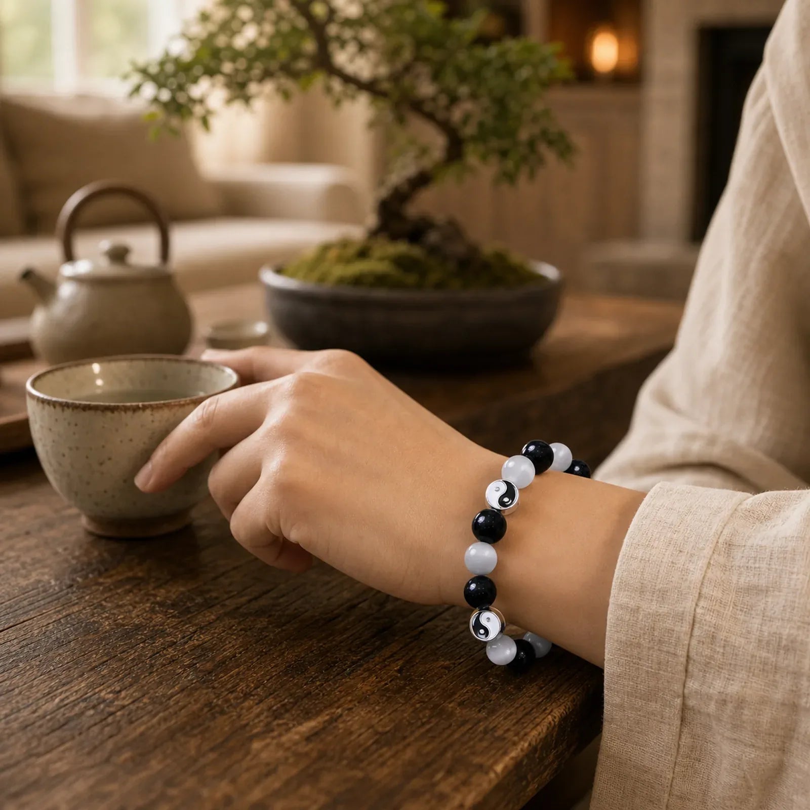 Black Obsidian Cat's Eye Yin Yang Purification Strength Bracelet featuring Black Obsidian, Cat's Eye / Chrysoberyl, Yin Yang Symbol